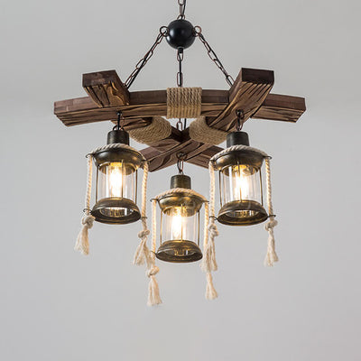 Retro Hemp Rope Wooden Birdcage Lampshade 3-Light Chandelier