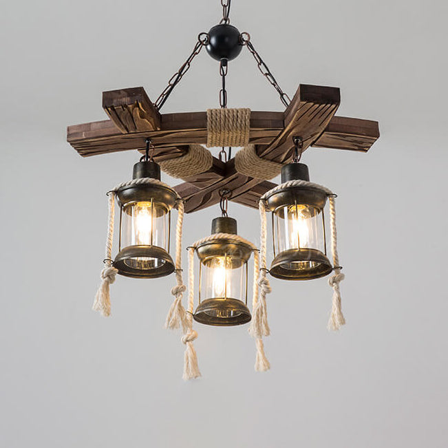 Retro Hemp Rope Wooden Birdcage Lampshade 3-Light Chandelier