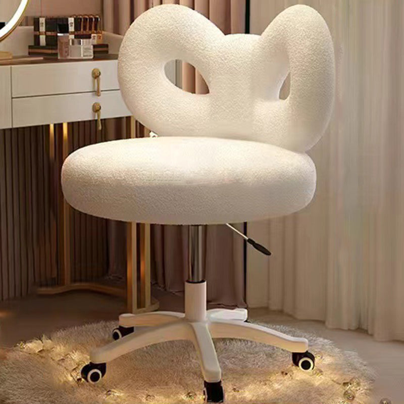 Moderner Art-Deco-Schmetterlingsknoten runder Sherpa-Stoff-Kunstleder-Metall-Schminktischhocker mit Rückenlehne, ohne Armlehnen, für das Schlafzimmer 