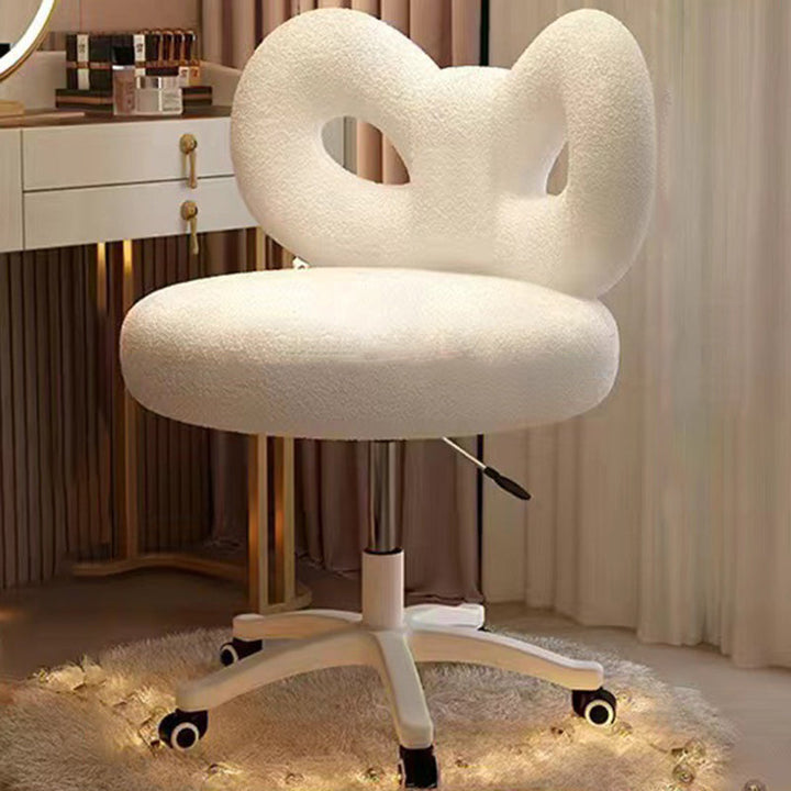 Moderner Art-Deco-Schmetterlingsknoten runder Sherpa-Stoff-Kunstleder-Metall-Schminktischhocker mit Rückenlehne, ohne Armlehnen, für das Schlafzimmer 