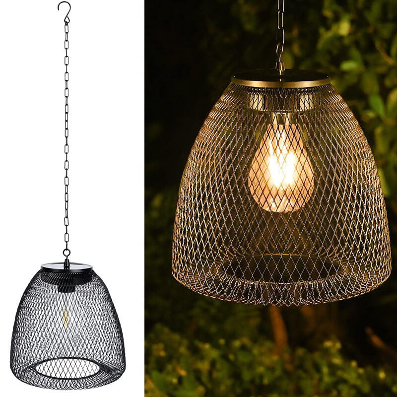 Traditional Rustic Iron Net Rattan Weaving Cage LED Solar Waterproof Pendant Light For Outdoor Patio