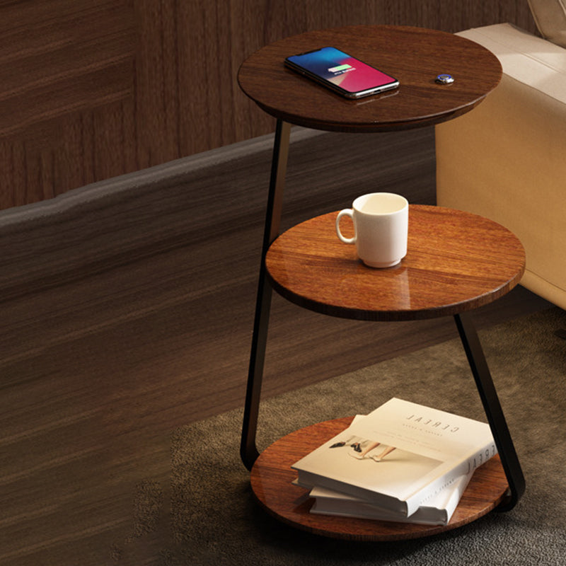 Table de chevet contemporaine nordique ronde en noyer et marbre avec fer, charge sans fil pour téléphone mobile, 2 niveaux pour le chevet 