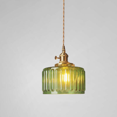 Suspension Luminaire à 1 Lumière pour Salon avec Abat-Jour Cylindrique en Verre Rainuré en Laiton Antique Traditionnel Vintage 