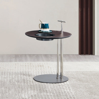Table d'appoint moderne minimaliste ronde en cuir de selle en acier inoxydable et acier au carbone pour le salon 