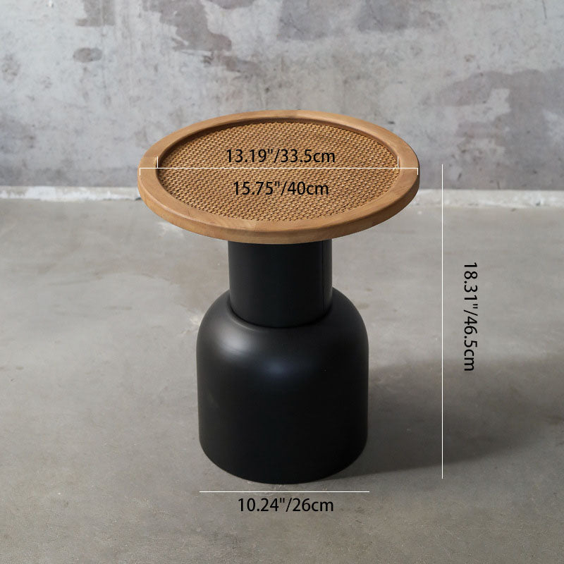 Traditional Vintage Round Rattan Iron Pine Coffee Table 1-Tier For Living Room