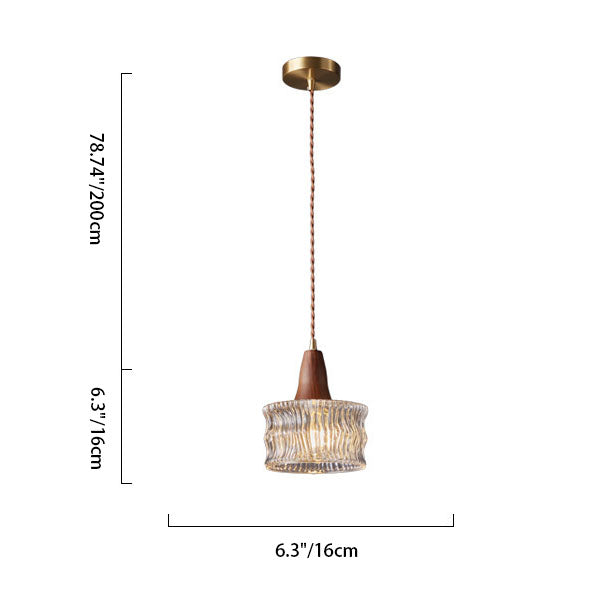 Modern Transitional Walnut Brass Round Glass Shade 1-Light Pendant Light For Living Room