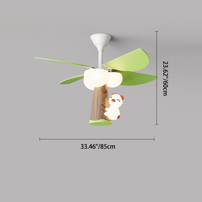 مروحة سقف بإضاءة LED شبه مثبتة للأطفال الإبداعيين المعاصرين من PVC والحديد والخشب على شكل شجرة ودب لغرفة النوم 