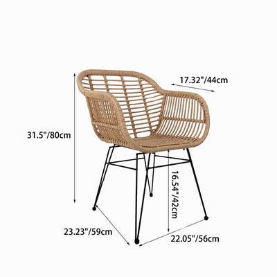 Chaise à dossier et accoudoirs en rotin tissé traditionnel avec base en fer pour terrasse extérieure 