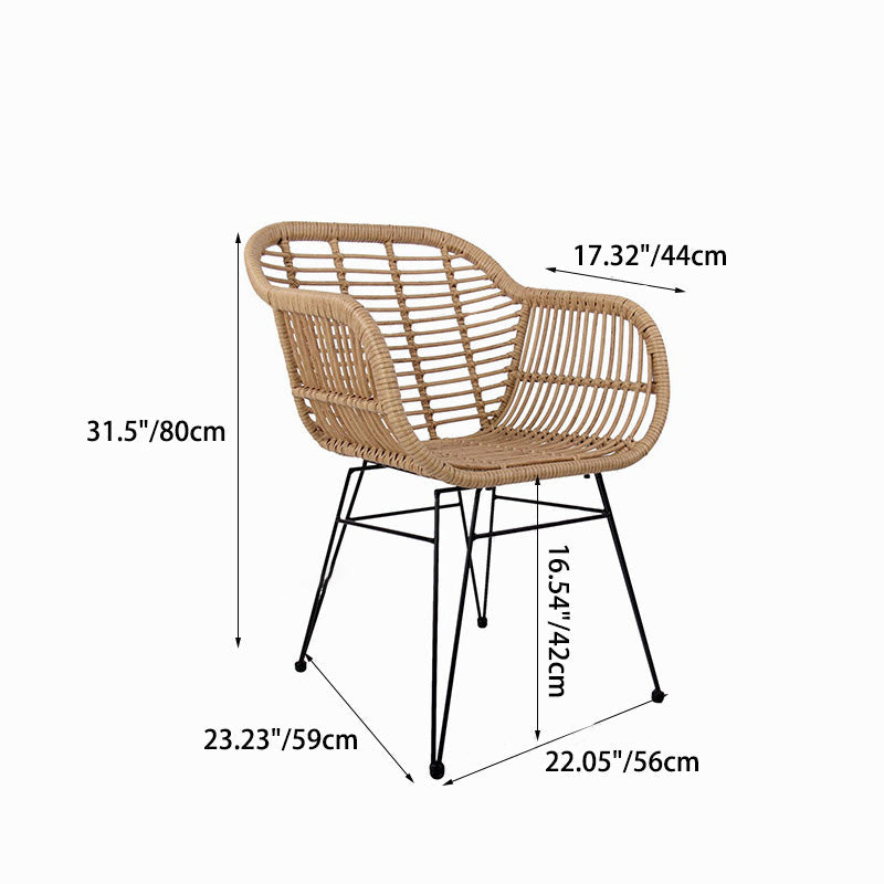 Chaise à dossier et accoudoirs en rotin tissé traditionnel avec base en fer pour terrasse extérieure 