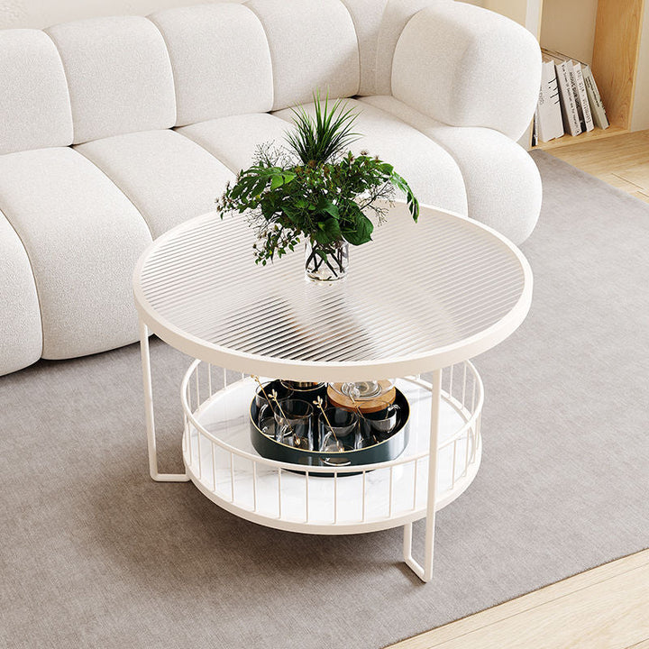 Moderner minimalistischer runder Couchtisch aus Metall und gehärtetem Glas mit 1 Ablage für das Wohnzimmer 