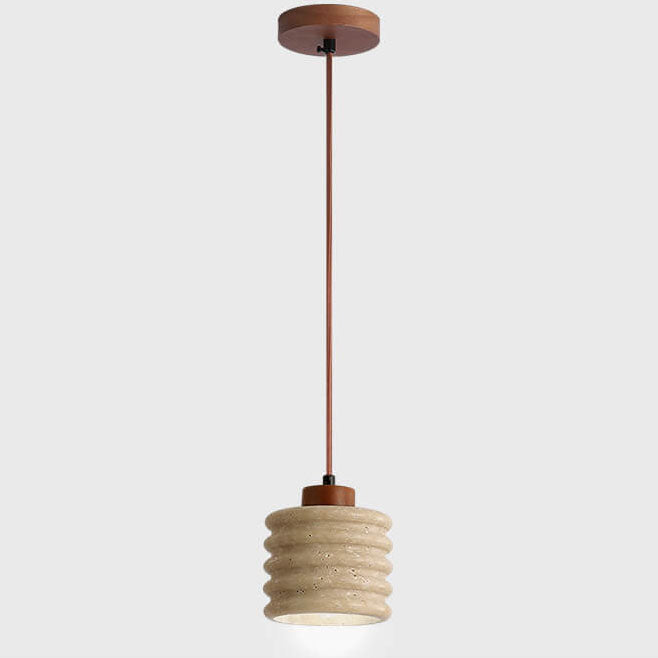 Japanese Wabi-Sabi Yellow Travertine Cylinder Lampshade Wood 1-Light Pendant Light
