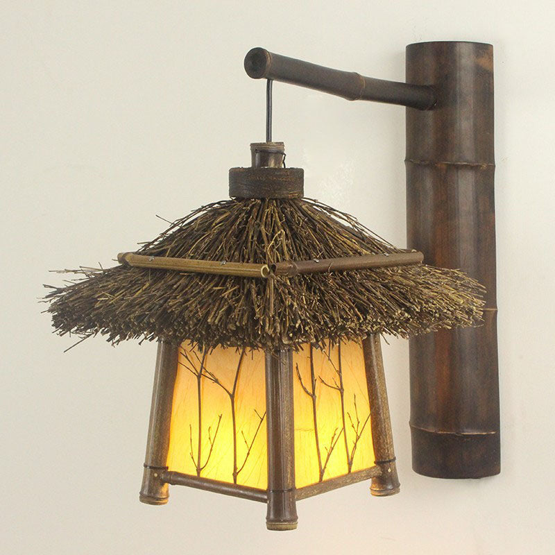 Applique murale rustique traditionnelle en bambou à 1 lumière pour patio extérieur 