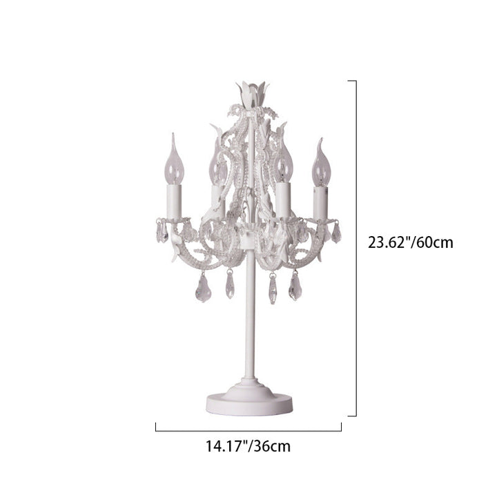 Lámpara de Mesa de 4 Luces con Diseño de Candelabro de Cuentas de Cristal y Herrajes Blancos Desgastados de Estilo Boho Contemporáneo para Dormitorio 