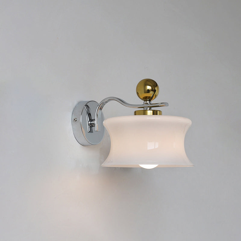 Contemporary Scandinavian Glass Drum Iron Wave Arm 1-Light Wall Sconce Lamp For Bedroom