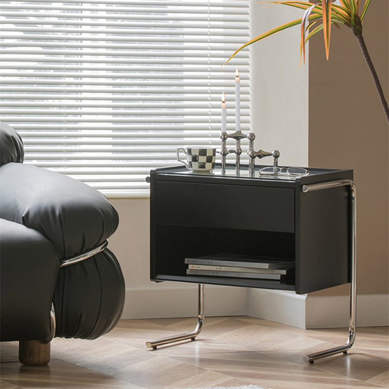 Table de nuit contemporaine scandinave rectangulaire en bois massif inox et verre 1 tiroir pour chambre 