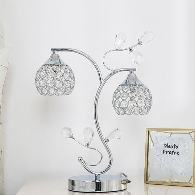 Modern Art Deco Floral Branch Design Crystal Iron 2-Light Table Lamp For Bedroom