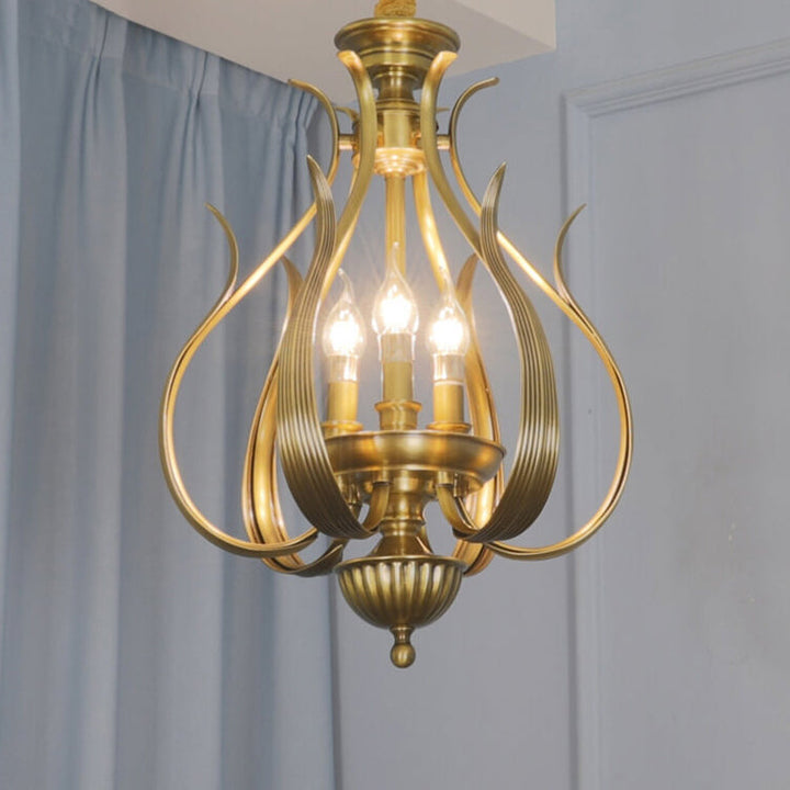 Suspension Contemporaine Vintage Branche Feuille Cage Cuivre Complet 3 Lumières Pour Salon 