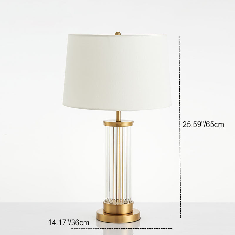 Lámpara de Mesa Moderna Minimalista de Cilindro Redondo de Metal y Vidrio con Tela de 1 Luz para Dormitorio 