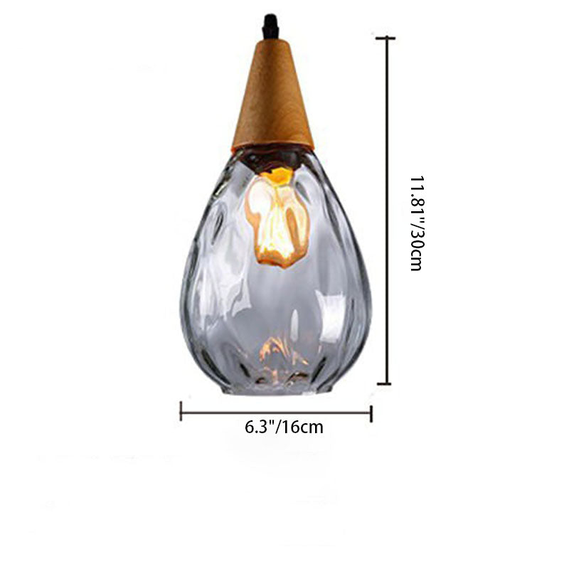 Zeitgenössische industrielle Wassertropfen Holz Glas 1-Licht Pendelleuchte für Wohnzimmer 