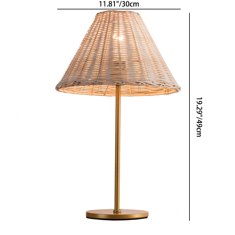 Lampe de table contemporaine Boho ronde à base cylindrique trapézoïdale en rotin et métal à 1 lumière pour chambre 