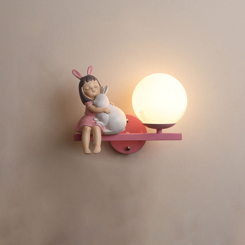 Contemporary Creative Kids Girls Unicorn Orb Resin Iron Glass 1-Light Wall Sconce Lamp For Bedroom