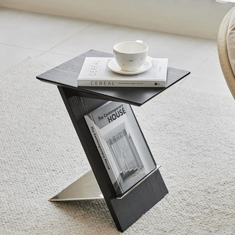 Modern Minimalist Rectangle Z-Shape Stainless Steel Ash Wood End Table For Living Room
