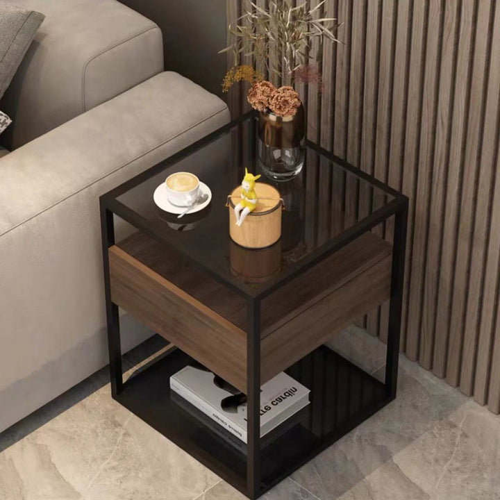 Moderner minimalistischer quadratischer Marmor-Glas-Eisen-Beistelltisch mit 2 Ebenen für das Wohnzimmer 