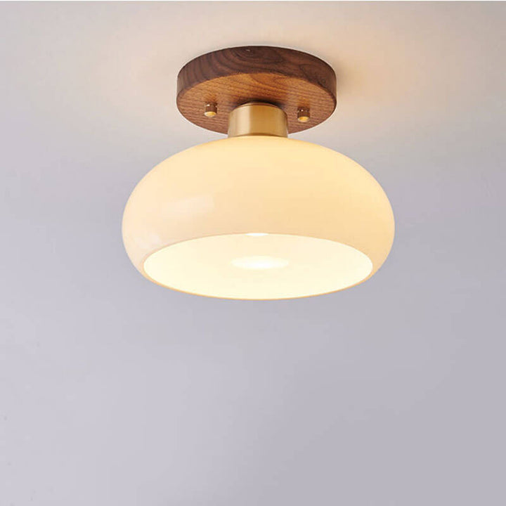 Creative Vintage Walnut Brass Round 1-Light Semi-Flush Mount Ceiling Light