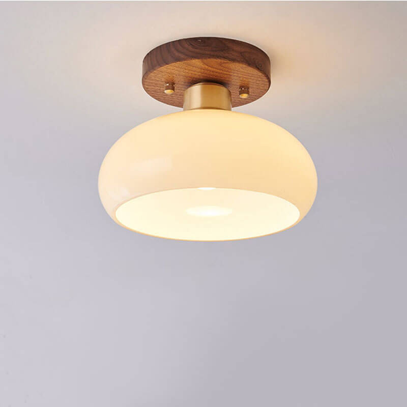 Creative Vintage Walnut Brass Round 1-Light Semi-Flush Mount Ceiling Light