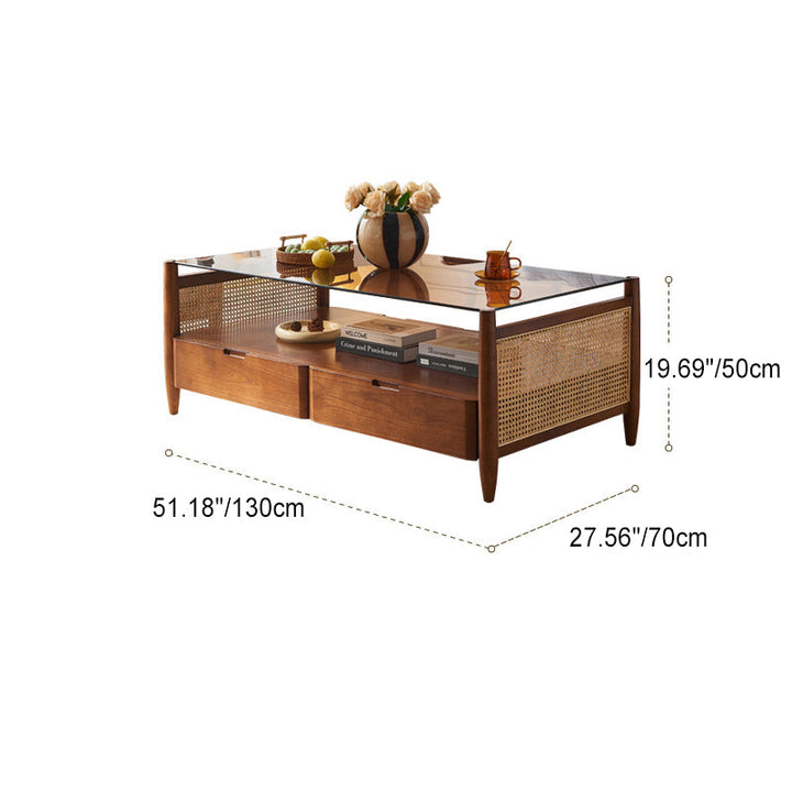 Traditioneller japanischer Weben Rechteckiger Couchtisch aus Eschenholz mit Glas und 4 Schubladen für das Wohnzimmer 