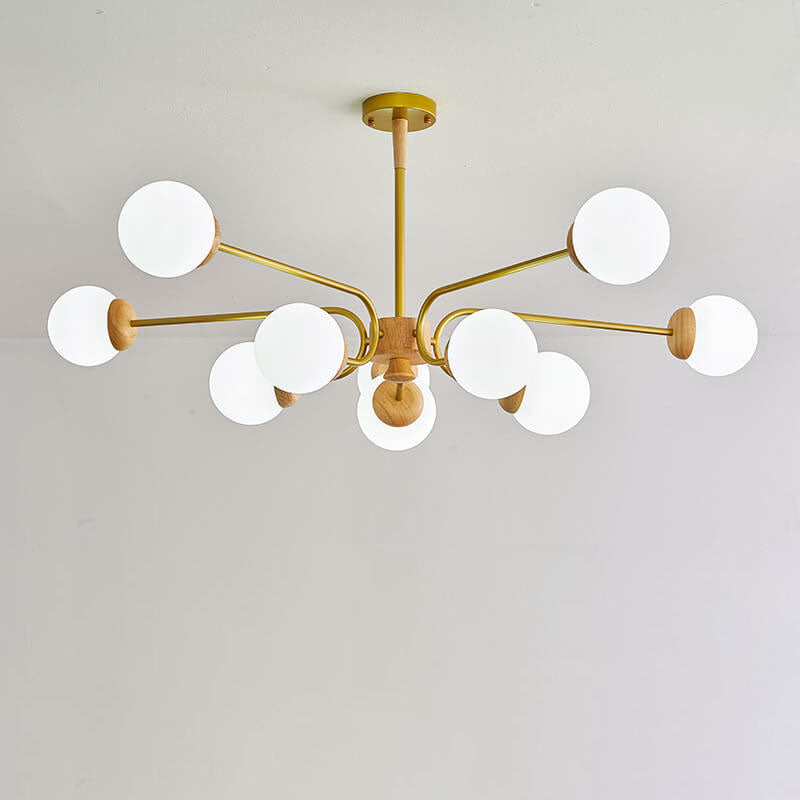 Japanese Creative Wood Gold-Finished Iron Frame 10-Light Chandelier