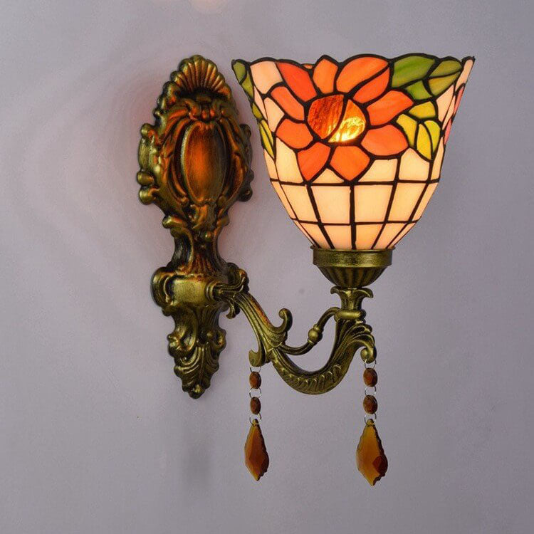 European Vintage Tiffany Sun Flower Glass Metal Resin 1/2-Light Wall Sconce Lamp