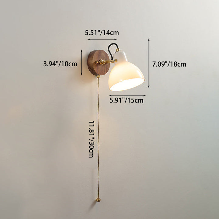 Lámpara Aplique de Pared de 1 Luz Cónica Redonda de Vidrio y Madera de Cobre de Simplicidad Contemporánea para la Mesita de Noche 
