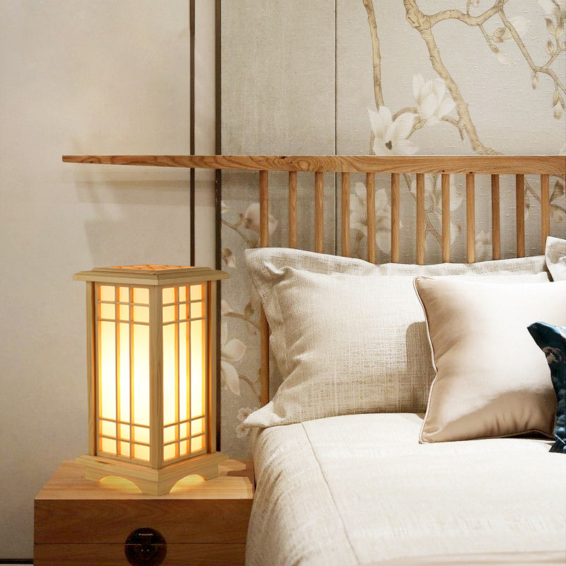 Traditional Japanese Wood Acrylic Pillar Rectangular 1/2/3 Light Standing Floor Lamp For Bedroom