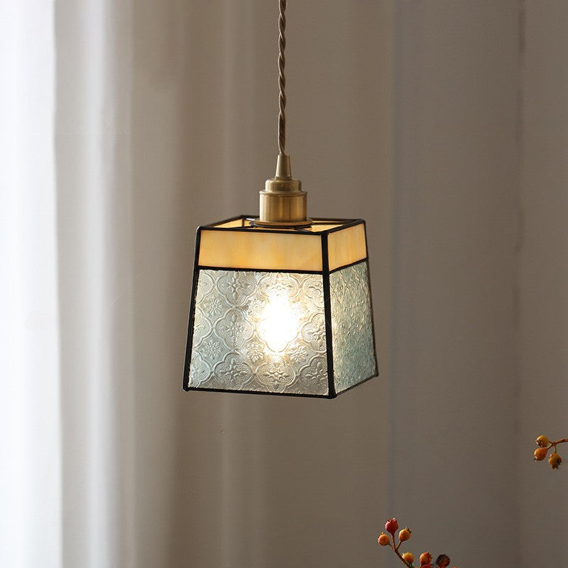 Lámpara colgante contemporánea retro de vidrio, latón, hierro, nogal cúbico trapezoidal de 1 luz para comedor 