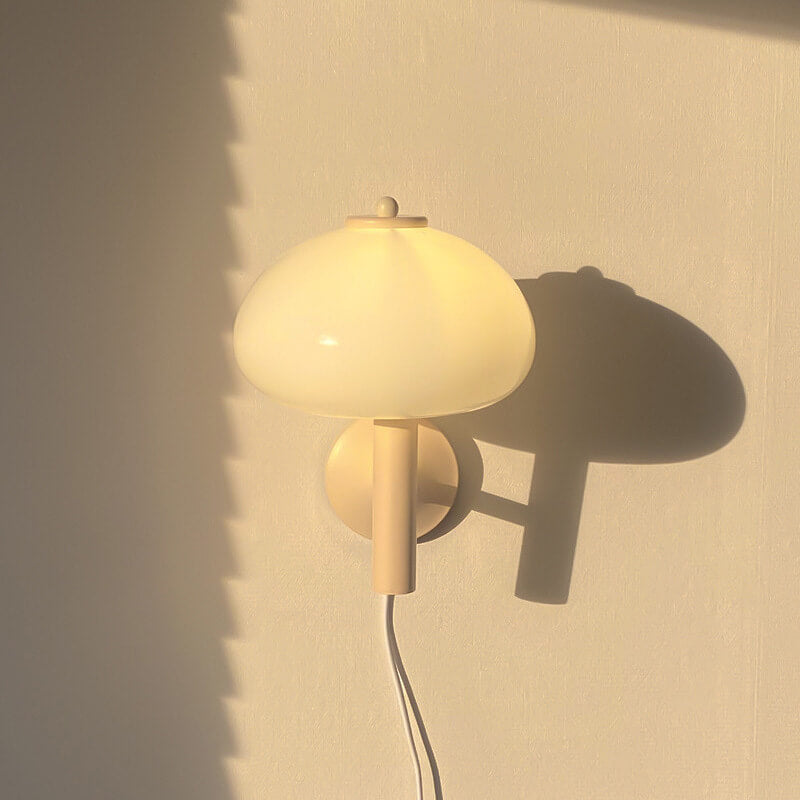 Contemporary Nordic Milk White Iron Glass Dome Mushroom 1-Light Wall Sconce Lamp For Bedroom