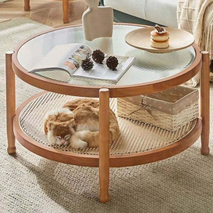 Modern Minimalist Round Horizontal Strip Glass Plastic Rattan Rubberwood Coffee Table 2-Tier For Living Room