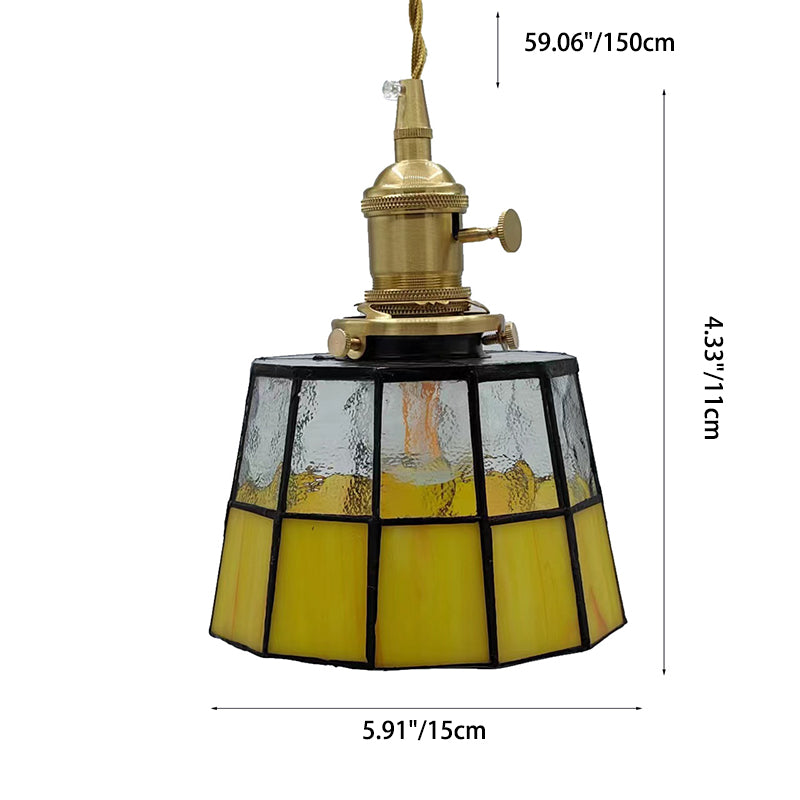 Lustre suspendu traditionnel vintage en laiton, verre, cylindre quadripartite, corne, treillis, à 1 lumière pour salle à manger 