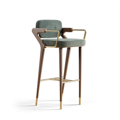 Tabouret de bar carré en tissu scandinave contemporain en laiton et noyer avec dossier et accoudoir pour cuisine 