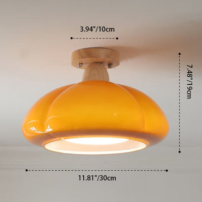 Modern Cream Oval Pumpkin Rubberwood Glass 1-Light Semi-Flush Mount Ceiling Light