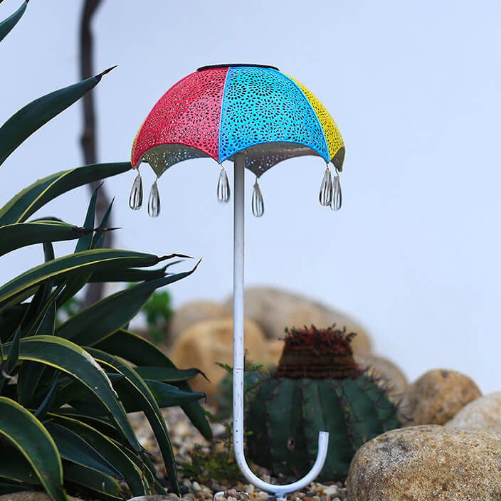 Outdoor Solar Eisen Bunte Regenschirm Hohle LED Rasen Einsteck Landschaftslicht 