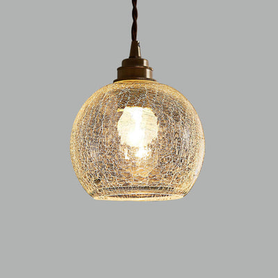 Japanese Vintage Round Crackle Glass Brass 1-Light Pendant Light