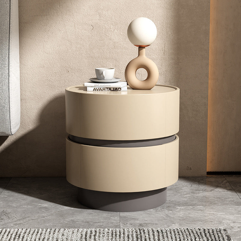 Table de chevet moderne minimaliste en bois massif avec cadre cylindrique à 2 tiroirs pour chambre 