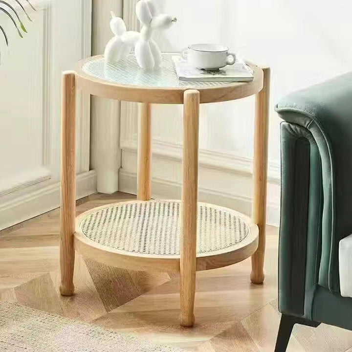 Table basse ronde minimaliste moderne en hévéa avec plateau en verre et faux rotin, à 2 niveaux, pour salon 