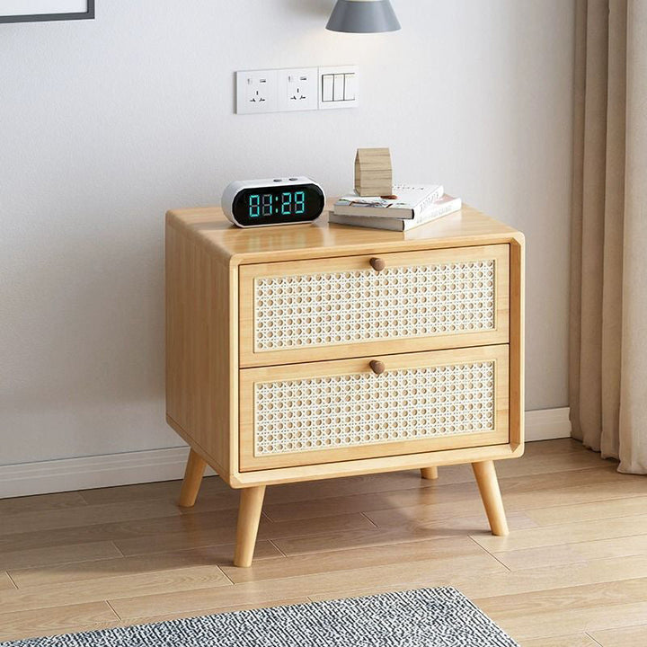 Table d'appoint carrée en bois massif avec tissage en rotin, 2 tiroirs pour salon 