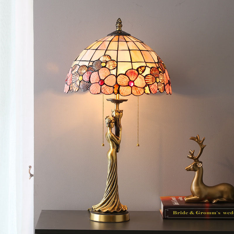 Tiffany Kupfer Göttin Statue Basis Muschel Dekoration 2-Licht Tischlampe 