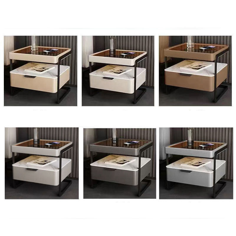 Table de nuit contemporaine nordique rectangulaire en verre renforcé, cuir, dalle de fer et bois avec 1 tiroir pour chambre 