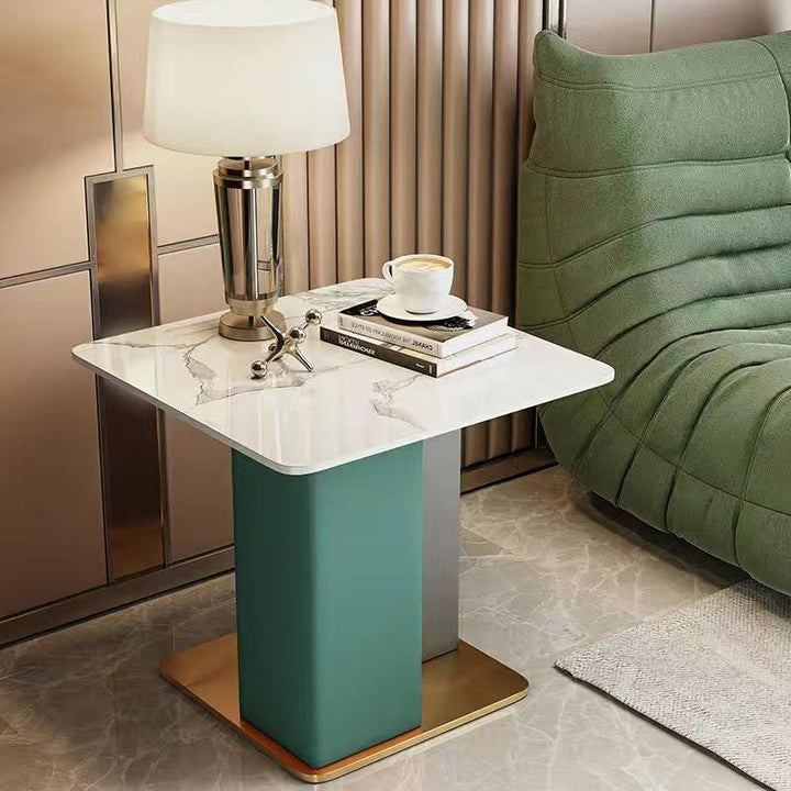 Contemporary Scandinavian Square Column Slate Microfiber Leather Wood Carbon Steel End Table For Living Room