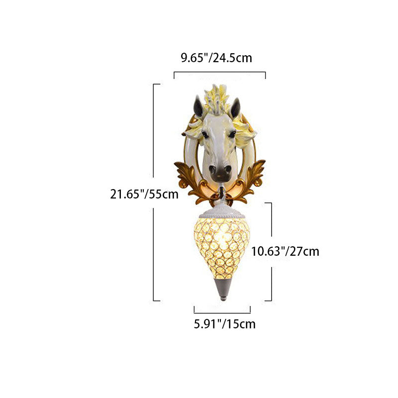 Modern Eclectic Resin Horse Head Decor Crystal Round Shade 1-Light Wall Sconce Lamp For Living Room