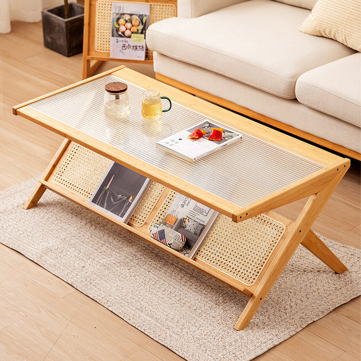 Traditional Japanese Rectangle Z-Shape Bamboo Glass Resin Rattan Weaving Coffee Table For Living Room